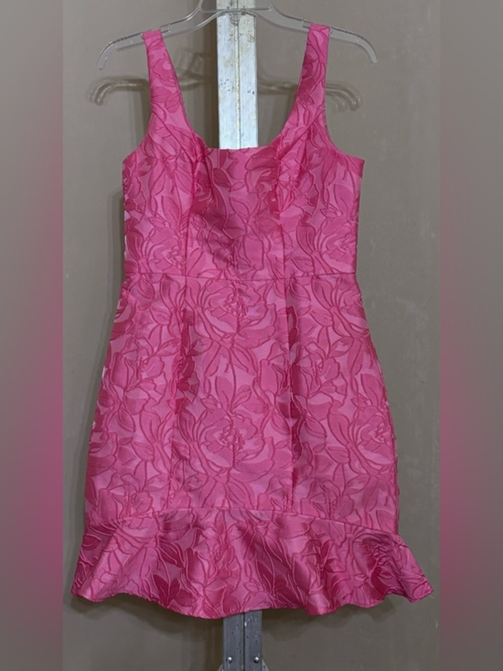 Lumier by Bariano Floral Jacquard Pink Mini Dress with Ruffle Hem Sz S